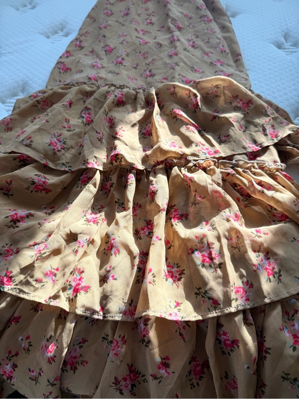 Floral Ruffle Maxi Dress in Mustard with Pink Blooms coquette fairy - Picture 2 of 6